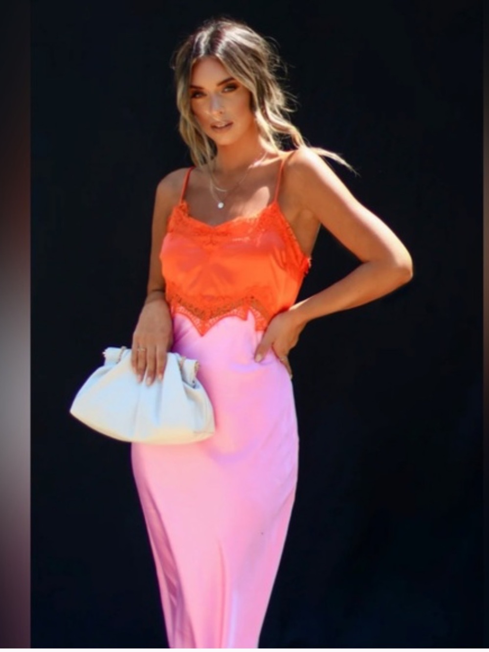 VICI Two-Tone Lace Trim Satin Slip Maxi Dress Orange Pink Sz S - Picture 2 of 5